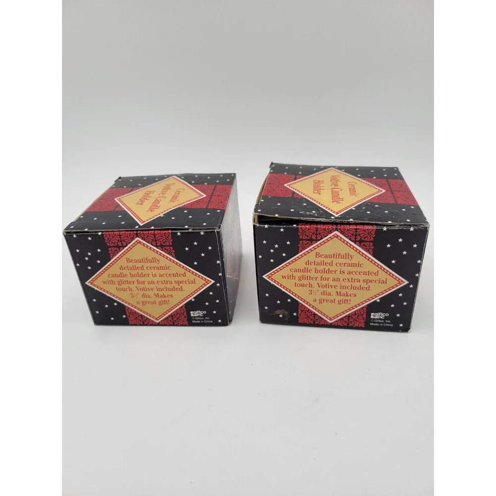 2 Vtg Giftco Ceramic Tea Light Candle Holders Santa Sleigh Reindeer Glitter 3.5